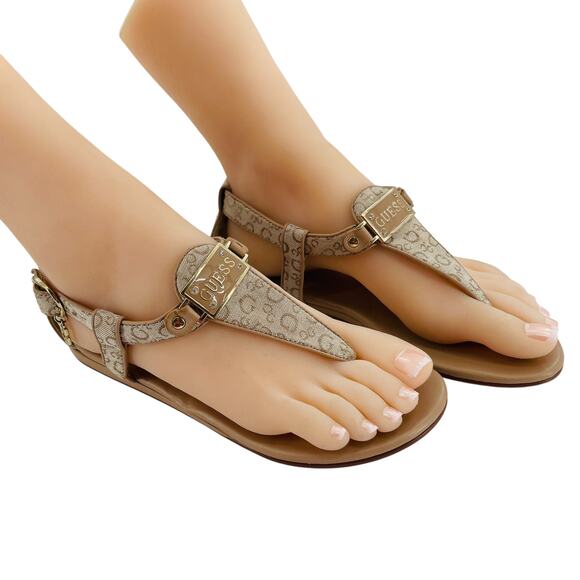 Guess Shalia Tan Logo Fabric Low Heeled Thong Casual Summer Sandals 5.5 - Picture 2 of 9